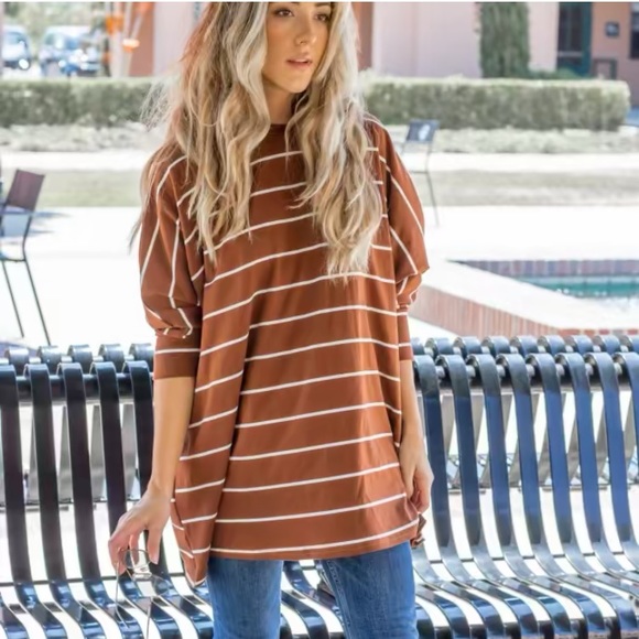 The Renee • Brown Oversized Striped Tunic - Picture 2 of 4